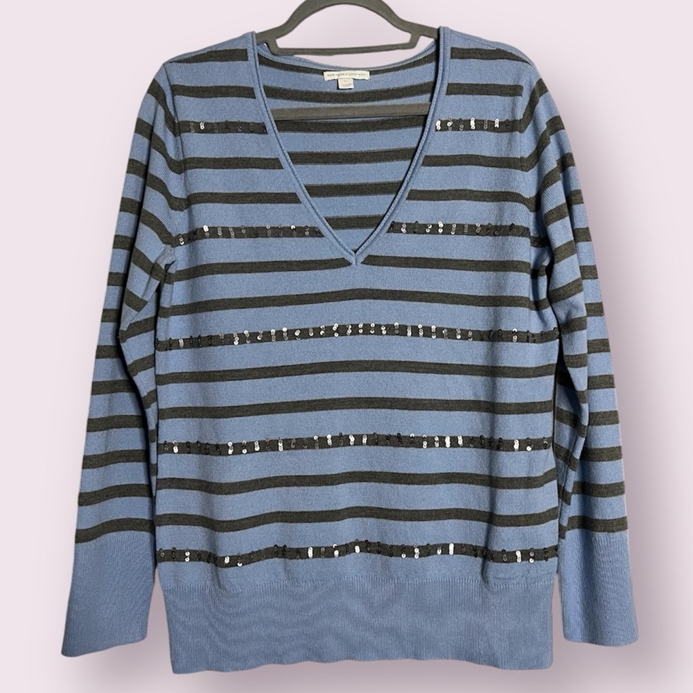 New York & Company Blue and Grey Sequin Striped VNeck Sweater XL